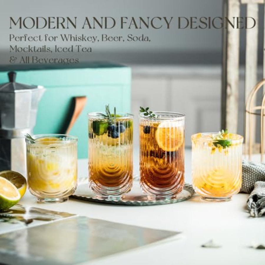 Art Deco Cocktail Glasses, Rib - Highball Glass Set 评论和价格