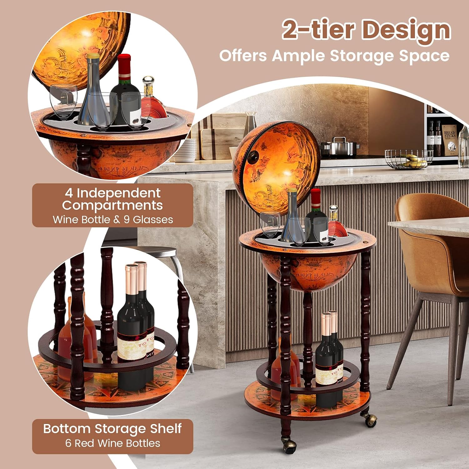 Globe Bar Cart Liquor Bar Cabi - Home Bar Shelves 评论和价格